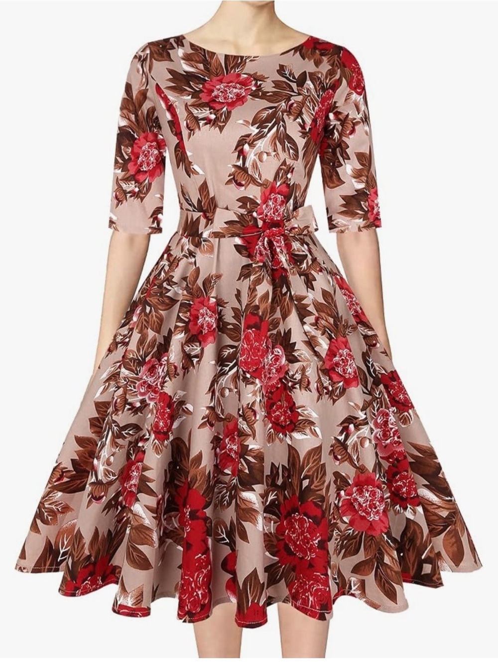 Blush Floral Fit-and-Flare Midi Dress with Red Bloom